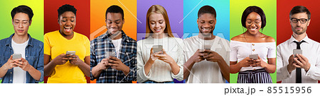 Diverse men and women using smartphones over colorful background, collage 85515956