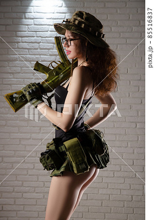 sexy girl military soldier in short skirt with automatic rifle for airsoft sexy girl military soldier in short skirt with automatic rifle for airsoft 85516837