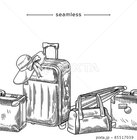 Doodle Seamless Pattern with Suitcase, Travel Bag, Beach Umbrella, Luggage and Summer Hat Lying on Baggage, Hand Drawn Doodle Seamless Pattern with Suitcase, Travel Bag, Beach Umbrella, Luggage and Summer Hat Lying on Baggage, Hand Drawn 85517039