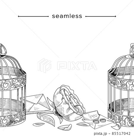 Romantic Doodle Seamless Pattern with Birds Cage, Peony Flower, Engaging Rings and Love Letter in Envelope, Frame 85517042