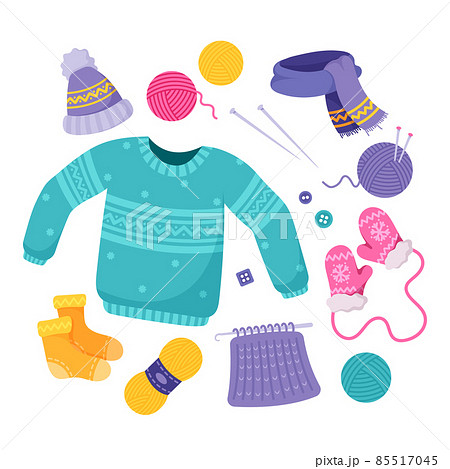 Set of Knit Winter Clothes and Outerwear Woolen Jumper, Scarf, Hat, Mittens and Socks with Yarn and Needles Bundle 85517045