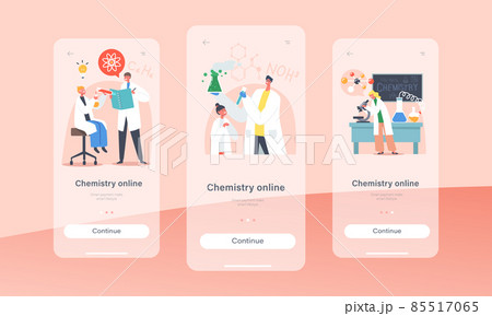 Chemistry Online Mobile App Page Onboard Screen Template. Schoolkids Conduct Experiment in Class. Researchers on Lesson 85517065