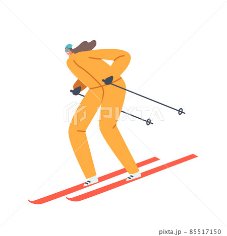 Young Woman Character Winter Sport. Girl Wear Warm Sportive Costume and Goggles Going Downhill by Skis Isolated on White 85517150