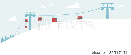 Winter Mountain Resort Landscape with Funicular and Spruces. Ski Resort With Cableway Over Fir Trees and Cloudy Sky Winter Mountain Resort Landscape with Funicular and Spruces. Ski Resort With Cableway Over Fir Trees and Cloudy Sky 85517151