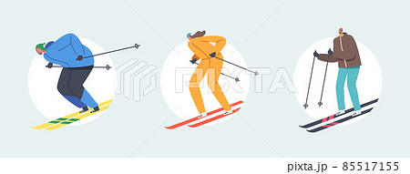 Set Family Extreme Speed Skiing. Skiers Isolated on White Background. Winter Season Recreation, Sport Activity, Slalom 85517155