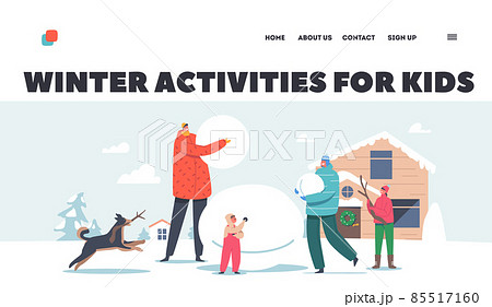 Winter Activities for Kids Landing Page Template. Happy Family Parents with Kids Making Snowman. Winter Time Game Winter Activities for Kids Landing Page Template. Happy Family Parents with Kids Making Snowman. Winter Time Game 85517160