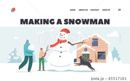 Family Making Snowman Landing Page Template. Father, Kid and Dog Winter Snow Games, Holidays Spare Time Recreation 85517161