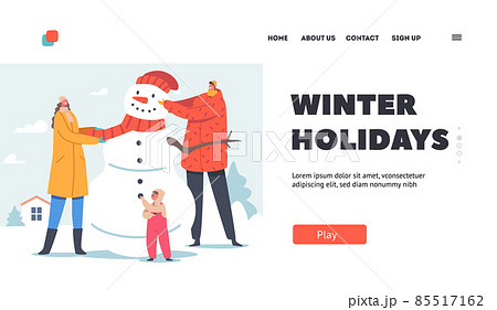 Happy Parents with Children Making Snowman on Winter Holidays Landing Page Template. Father, Mother and Baby Activities 85517162