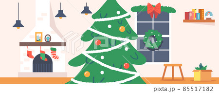 Room at Christmas Night, Empty Home Interior with Fireplace, Hanging Socks, Decorated Fir Tree With Toys, Garlands Room at Christmas Night, Empty Home Interior with Fireplace, Hanging Socks, Decorated Fir Tree With Toys, Garlands 85517182
