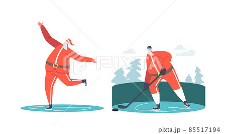 Santa Claus Hockey Player Hitting Puck with Stick and Skating on Ice Rink. Christmas Character Sportsman Activities 85517194