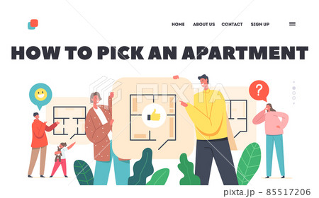 Happy Family Characters Choose Apartment Layout Landing Page Template. Mother, Father and Kids Discuss New Home Plan 85517206