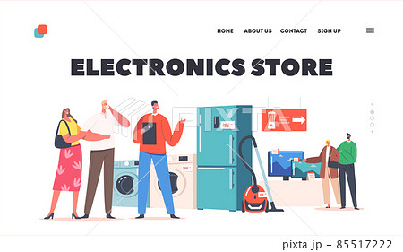 Electronics Store Landing Page Template. Family Buying Household Goods, Couples Purchase Appliances with Consultant 85517222