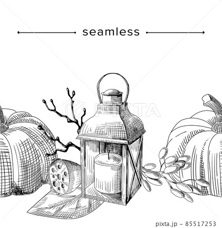 Sketch Autumn Composition, Seamless Pattern with Doodle Pumpkin, Candle Lantern, Dry Leaves and Branch, Autumnal Border 85517253