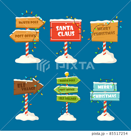 Set Christmas Signboards, Wooden Signs with Snow, Garlands and Striped Pole in Snowdrift. Wood Banners, Road Direction 85517254