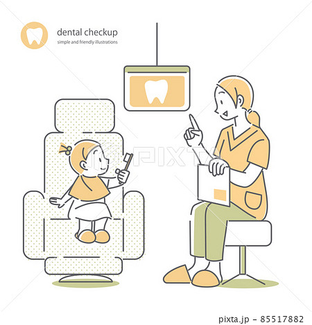 子供に歯磨き指導をする歯科衛生士 シンプルでお洒落な線画イラストのイラスト素材