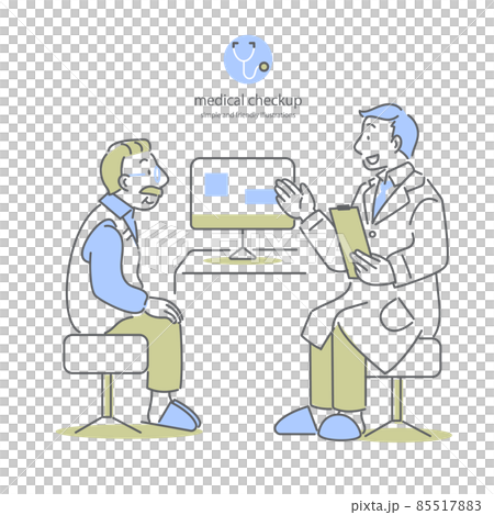 A simple and stylish line drawing illustration by a male doctor explaining to an elderly male patient A simple and stylish line drawing illustration by a male doctor explaining to an elderly male patient 85517883