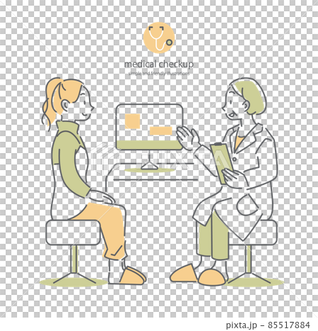 A veteran female doctor who explains that she is a young woman who goes to a gynecologist. Simple and stylish line drawing illustration. A veteran female doctor who explains that she is a young woman who goes to a gynecologist. Simple and stylish line drawing illustration. 85517884