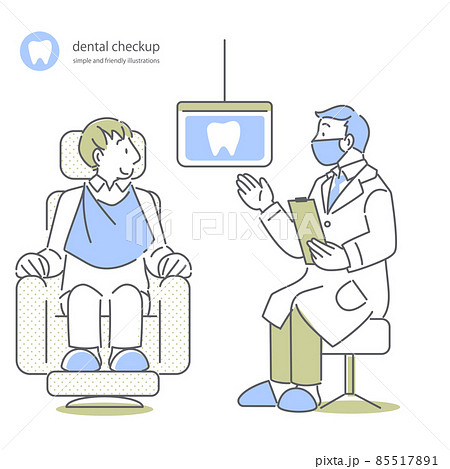 成人男性患者に説明する歯科医 シンプルでお洒落な線画イラストのイラスト素材