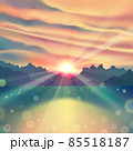Sunset landscape with lake against summer forest with water reflections, morning sunrise drawing art on canvas as vector painting with beautiful pond and trees in nature. 85518187