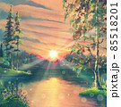 Sunset oil painting landscape with lake against summer forest with water reflections, morning sunrise drawing art on canvas with beautiful pond and trees in nature. 85518201