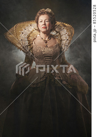 The image of Queen Elizabeth I of the 16th century. Historical reconstruction. The image of the queen in smoke on a gray background. High quality photo The image of Queen Elizabeth I of the 16th century. Historical reconstruction. The image of the queen in smoke on a gray background. High quality photo 85520528