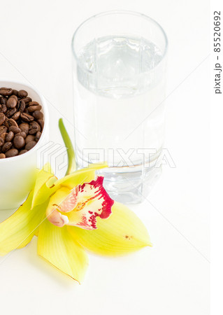 Cup of coffee beans and glass of water with yellow orchid flower against a white background. 85520692