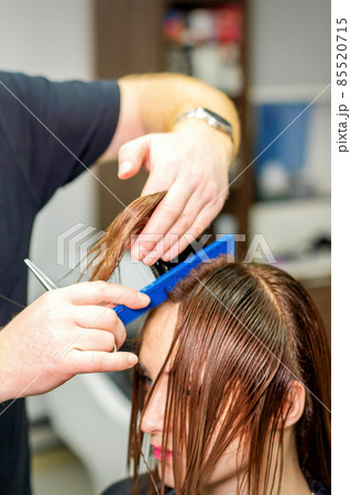 The hairdresser cuts the hair of a brunette woman. Hairstylist is cutting the hair of female client in a professional hair salon, close up. The hairdresser cuts the hair of a brunette woman. Hairstylist is cutting the hair of female client in a professional hair salon, close up. 85520715