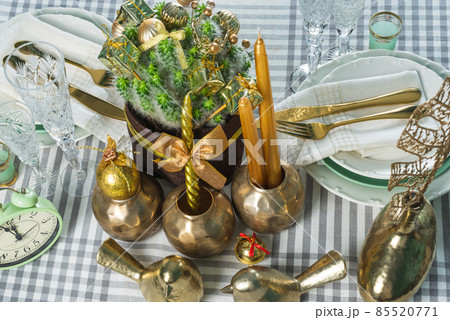 New Year's festive table setting, cutlery, decorations, New Year's decor, Christmas serving 85520771