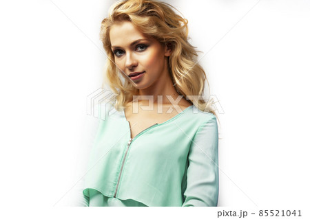 young pretty stylish blond girl posing emotional isolated on white background happy smiling cool smile, lifestyle people concept young pretty stylish blond girl posing emotional isolated on white background happy smiling cool smile, lifestyle people concept 85521041