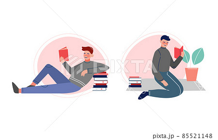 Man Sitting on Floor and Reading Interesting Book Vector Set 85521148