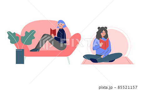 Woman Sitting and Reading Interesting Book Vector Set Woman Sitting and Reading Interesting Book Vector Set 85521157