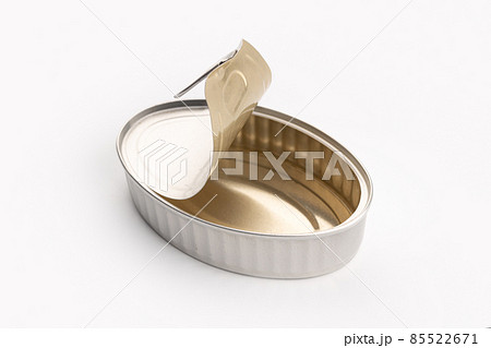 Open food tin can isolated on a white background. Metallic container 85522671