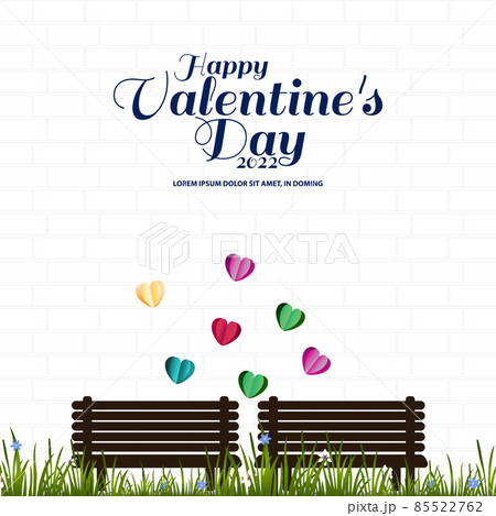 Valentine's Day design. Concept of love, empty bench on grass in the park. Holiday banner, web poster, flyer, stylish brochure, greeting card, cover. Romantic background. 85522762