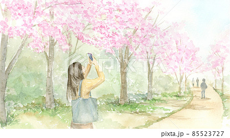 スマートフォンで桜を撮影する女性　花見　水彩画 85523727