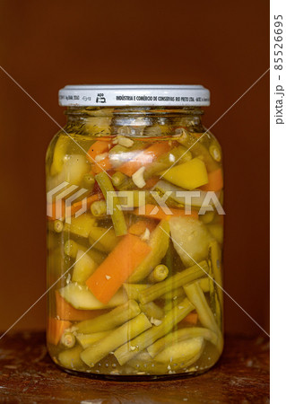 Itaja, Goias, Brazil - 12 24 2021: Pickled vegetables in a container Itaja, Goias, Brazil - 12 24 2021: Pickled vegetables in a container 85526695