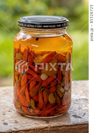Itaja, Goias, Brazil - 12 24 2021: Jar of chili pepper preserves 85526725