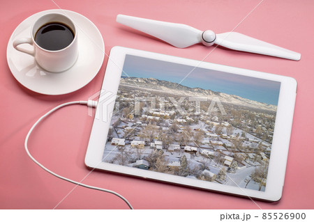 winter dawn over residential area of Fort Collins in Colorado 85526900
