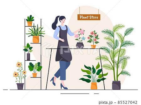 Flowers Store and Plants Shop with Florists Care, Organic Natural Products for Home Garden Green Decoration in Flat Background Vector Illustration 85527042
