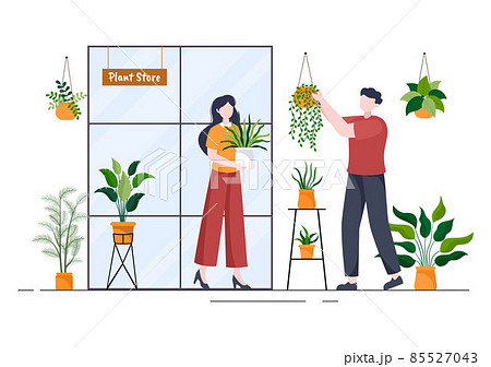Flowers Store and Plants Shop with Florists Care, Organic Natural Products for Home Garden Green Decoration in Flat Background Vector Illustration 85527043