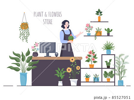 Flowers Store and Plants Shop with Florists Care, Organic Natural Products for Home Garden Green Decoration in Flat Background Vector Illustration 85527051