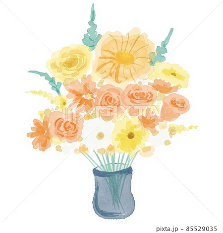 水彩で描いたオレンジと黄色の薔薇と花の花束のイラスト素材