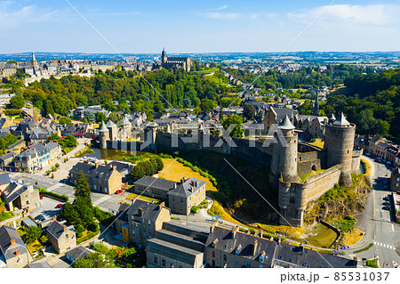 Drone view of medieval chateau in French town of Fougeres Drone view of medieval chateau in French town of Fougeres 85531037