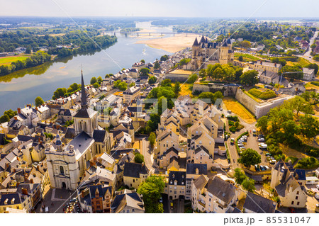 Fly over picturesque town of Saumur and medieval castle Saumur. France 85531047
