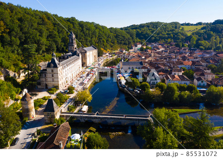 Drone view of Brantome en Perigord on Dronne river in summer, France Drone view of Brantome en Perigord on Dronne river in summer, France 85531072