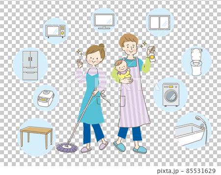家の中を除菌する笑顔の夫婦と家具と家電 85531629