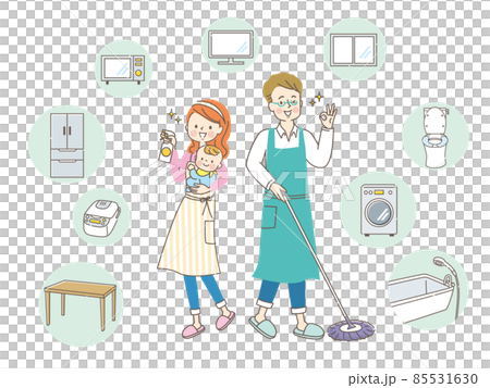 A smiling couple sterilizing the inside of the house, furniture and home appliances 85531630