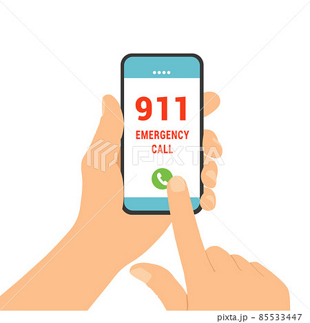 Flat design illustration of male hand holding smartphone. Emergency call for help on the phone number 911, vector Flat design illustration of male hand holding smartphone. Emergency call for help on the phone number 911, vector 85533447