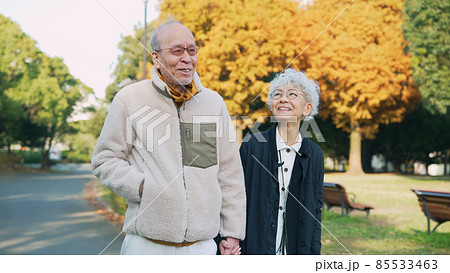 寄り添って歩くシニアカップル 85533463