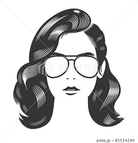 Woman face with vintage hairstyles for long hair vector line art illustration. 85534290