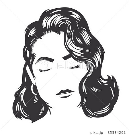 Woman face with vintage hairstyles for long hair vector line art illustration. 85534291